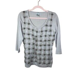 ALBERTO MAKALI Rhinestone Embellished Tulle Holiday Scoop‎ Neck Sweater Large